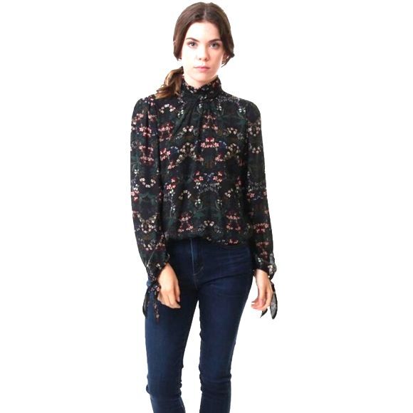 VERONICA M Black Floral Blouse Size Small Turtleneck Tie Sleeves - Picture 3 of 12